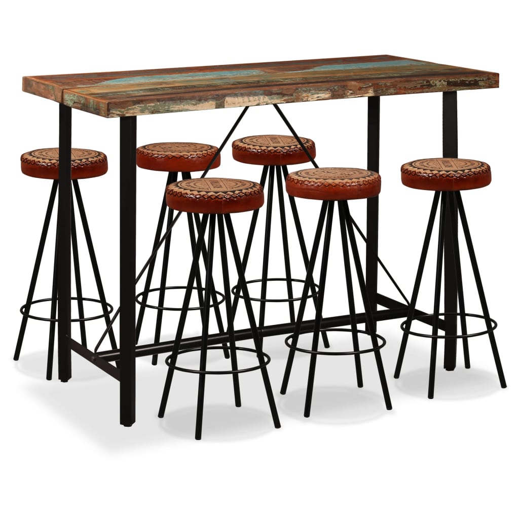 5-Tlg. Bar-Set Altholz Massiv, Echtleder Und Canvas