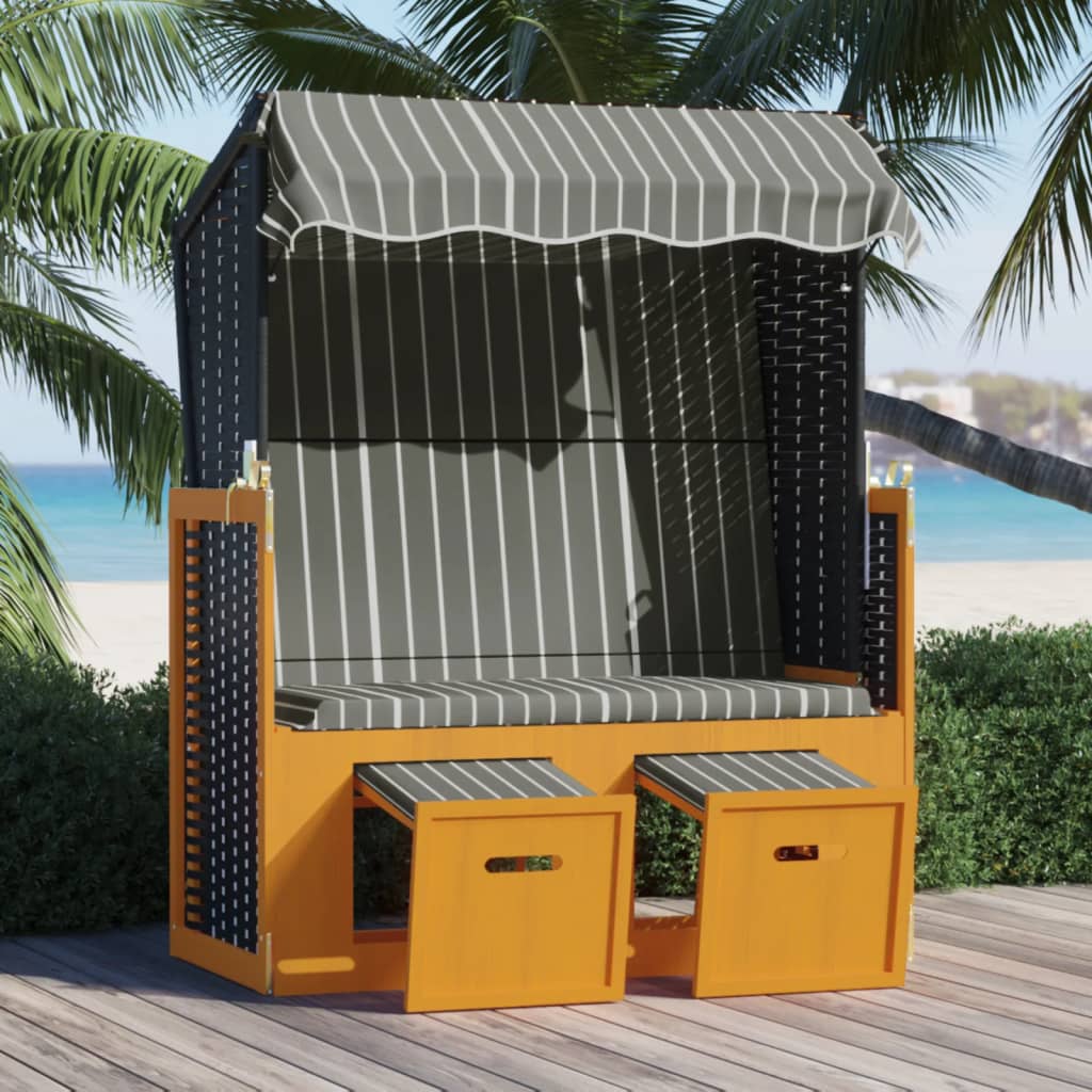 Strandkorb Mit Dach Poly Rattan Und Massivholz Blau & Weiß