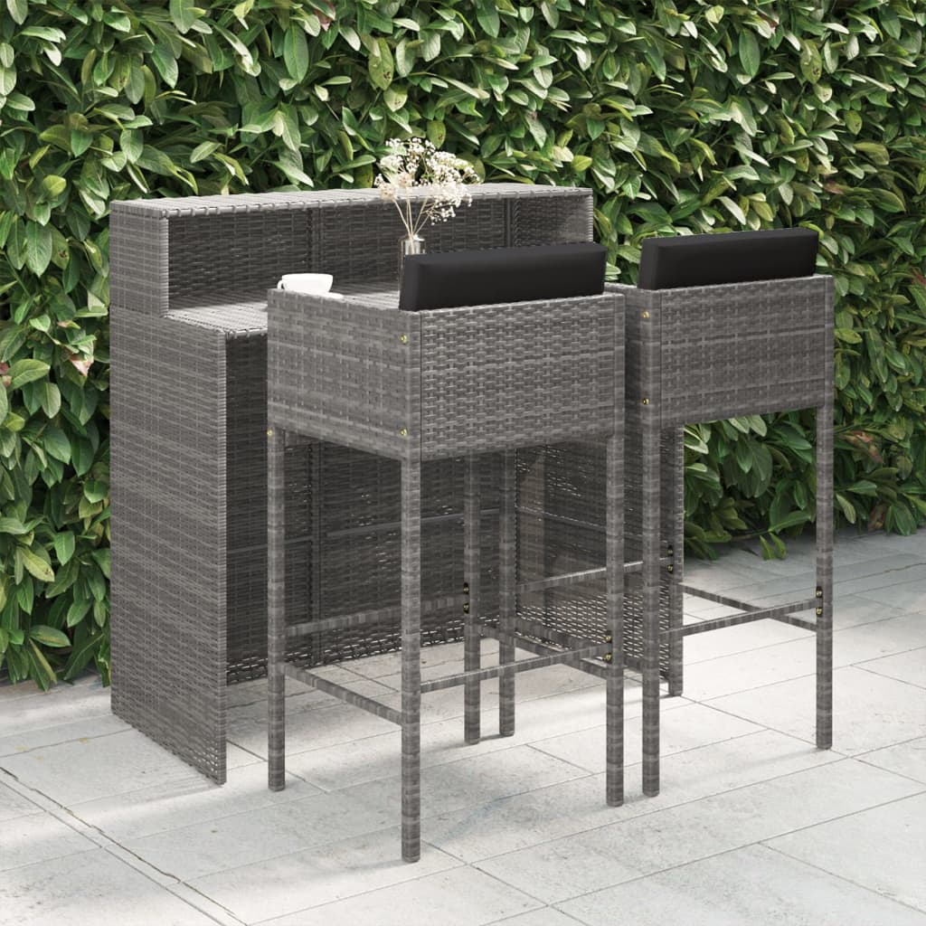 3-Tlg. Gartenbar-Set Mit Kissen Poly Rattan