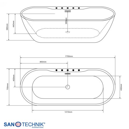 Sanotechnik Badewanne BW ARUBA freisteh. 170x75x58cm