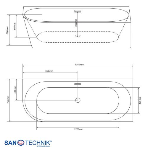 Sanotechnik Badewanne Wand-BW JAMAICA rechts 170x75x58cm