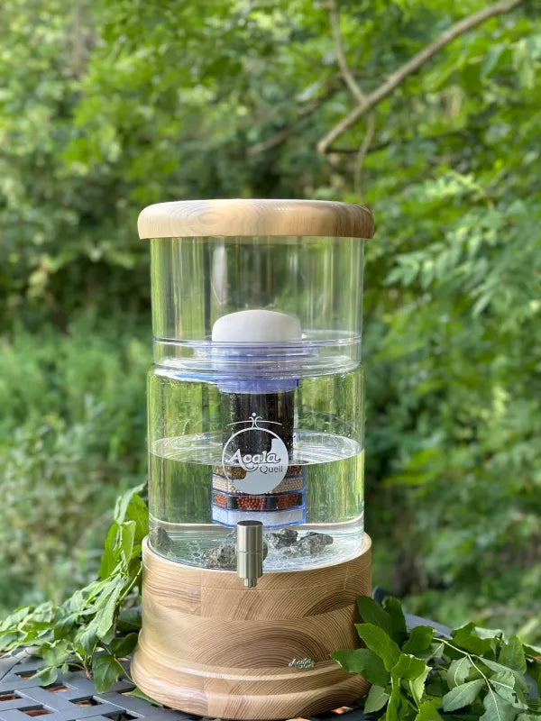 AcalaQuell® Mini kristallklar | Echtholz Esche rund | Glastank 5 Liter für 1-2 Personen | verschiedene Optionen