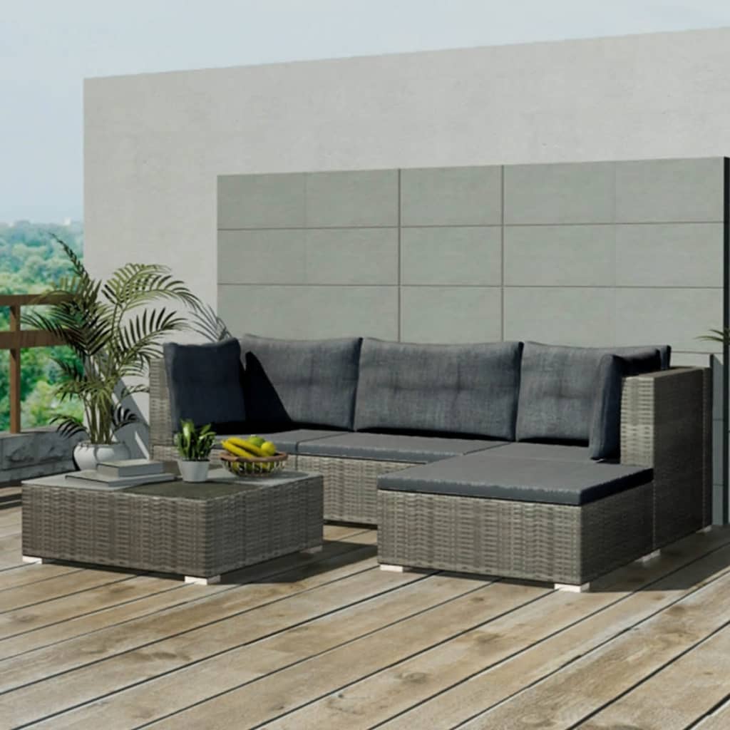 5-Tlg. Garten-Lounge-Set Mit Kissen Poly Rattan Grau