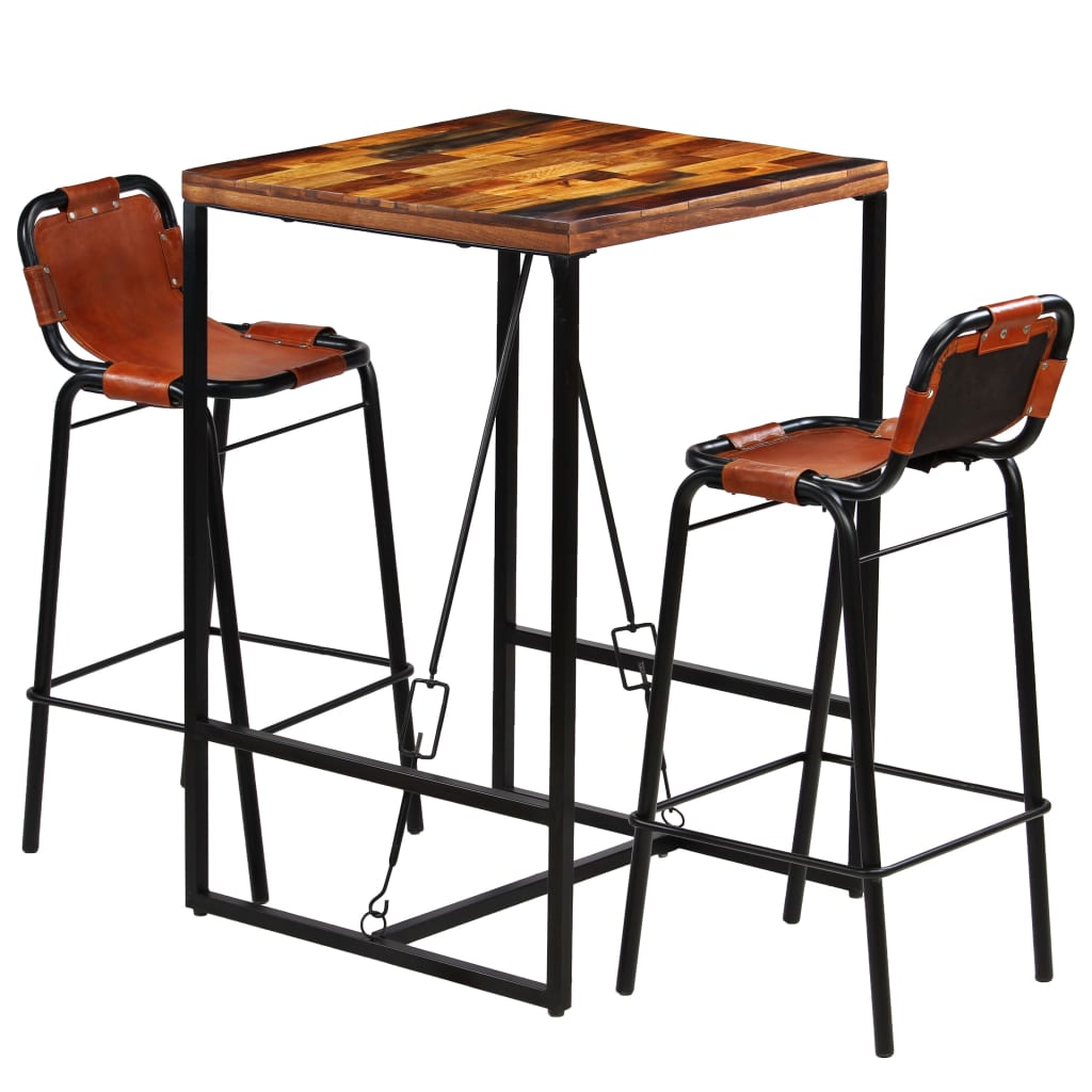 Bar-Set 3-Tlg. Altholz Massiv Und Echtes Ziegenleder