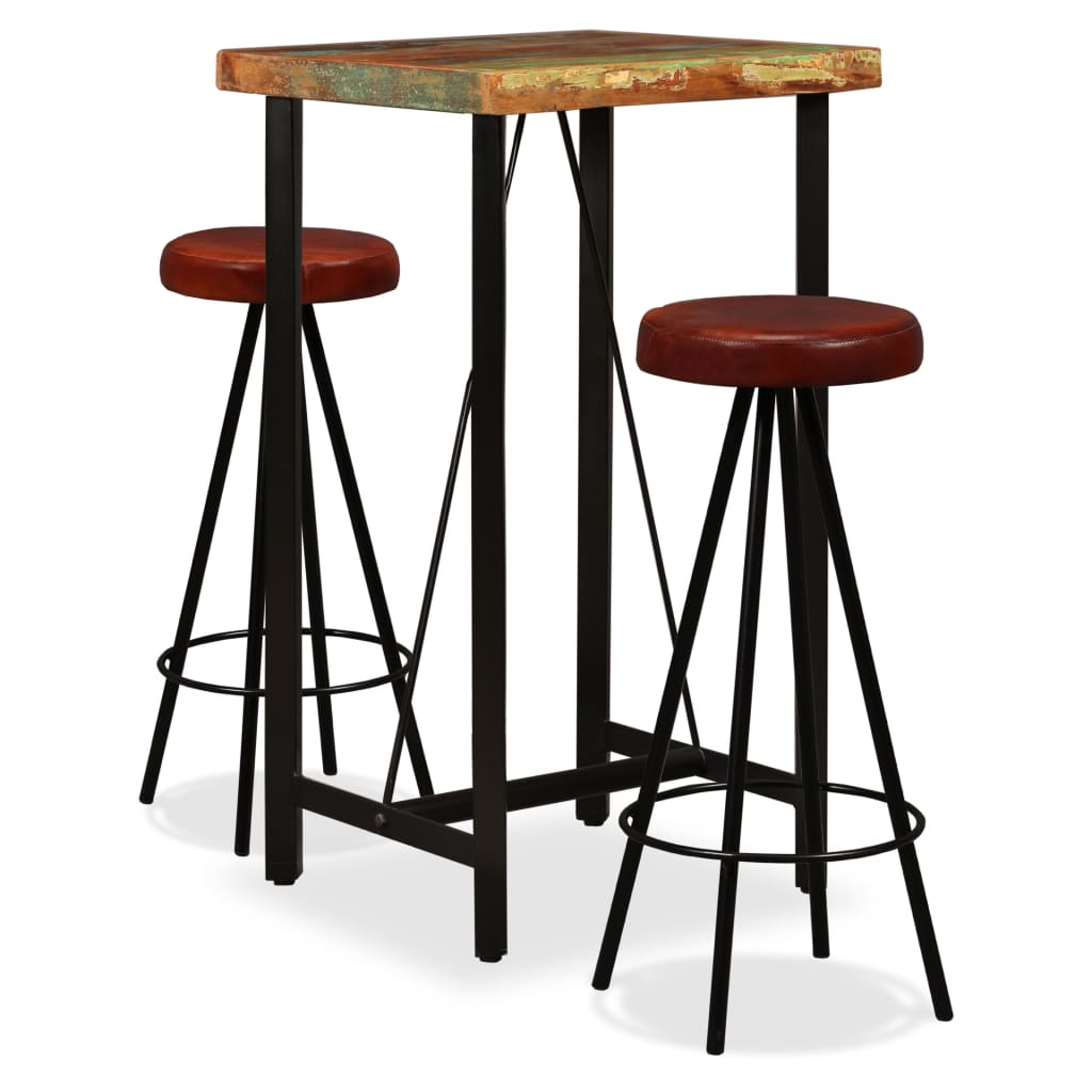 5-Tlg. Bar-Set Altholz Massiv Und Echtleder