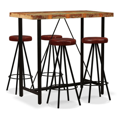 5-Tlg. Bar-Set Altholz Massiv Und Echtleder