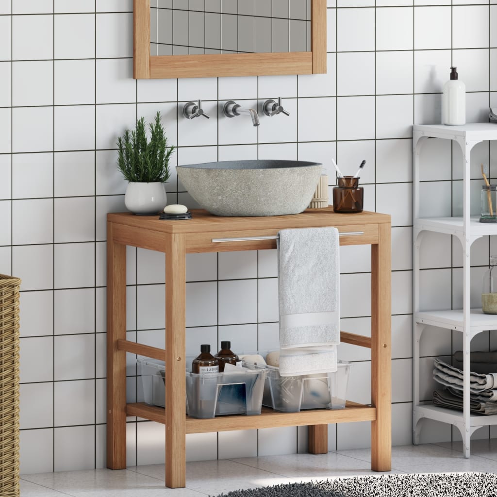 Waschtisch Massivholz Teak Mit Waschbecken Aus Flussstein
