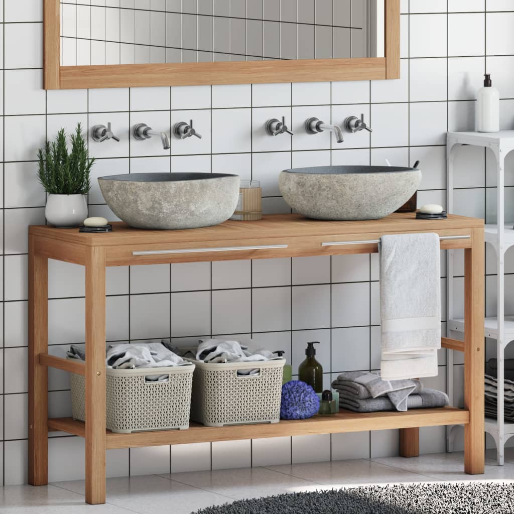 Waschtischunterschrank Teak Massiv Mit Flussstein Waschbecken