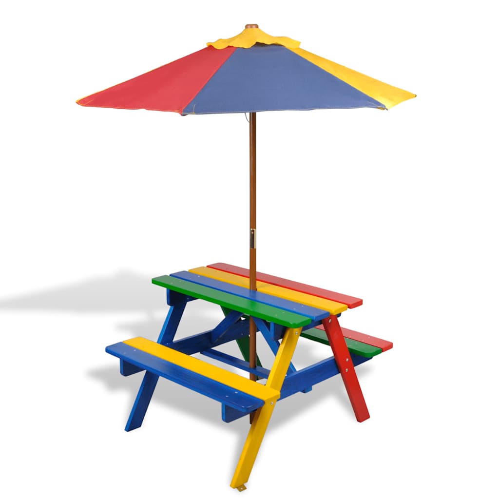 Kinder-Picknicktisch Mit Bänken & Sonnenschirm Holz