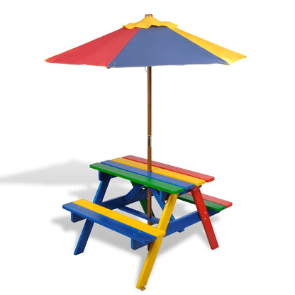 Kinder-Picknicktisch Mit Bänken & Sonnenschirm Holz
