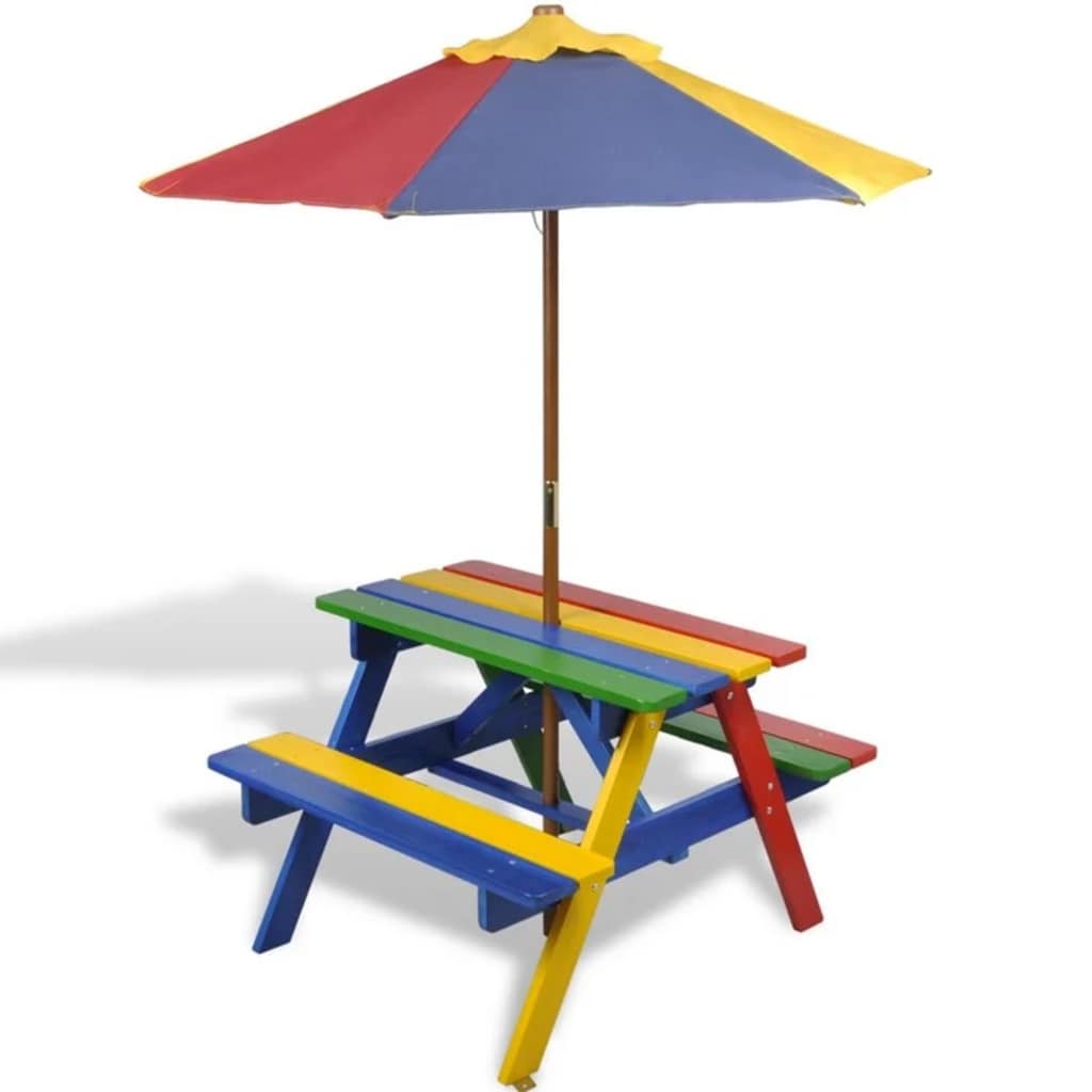 Kinder-Picknicktisch Mit Bänken & Sonnenschirm Holz