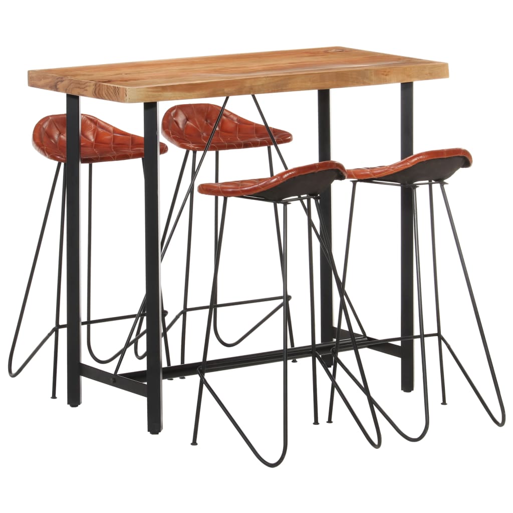 5-Tlg. Bar-Set Recyceltes Massivholz Und Echtleder