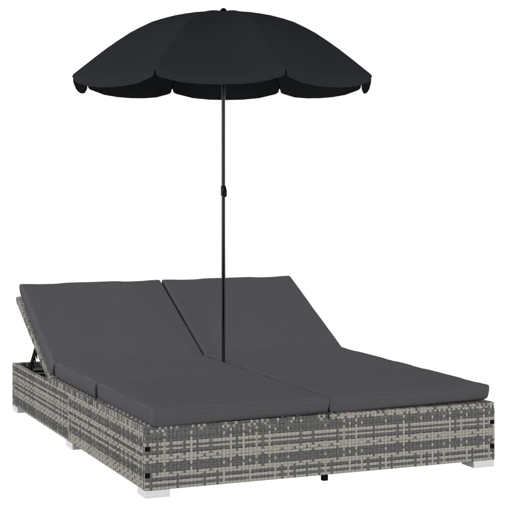 Outdoor-Loungebett Mit Sonnenschirm Poly Rattan