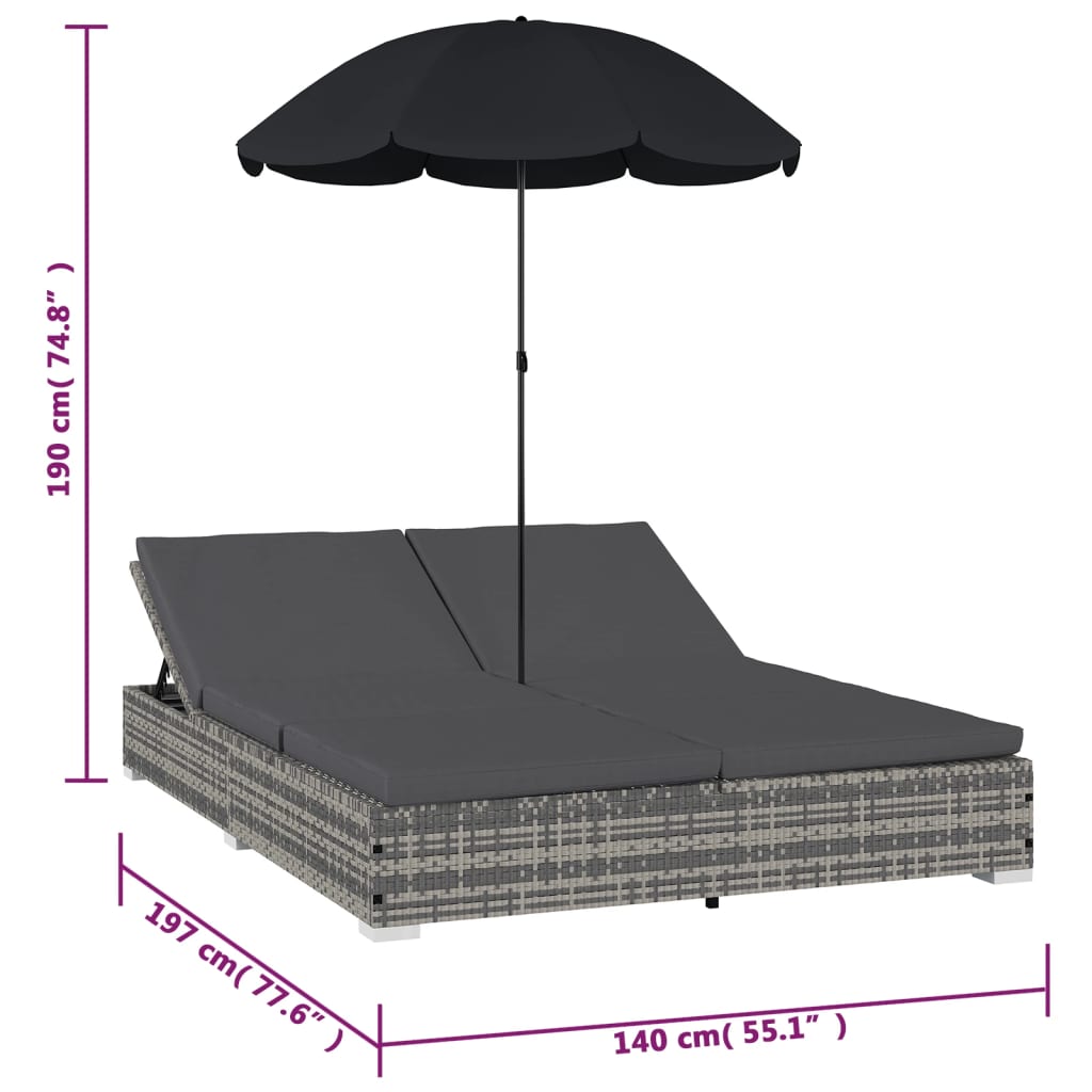 Outdoor-Loungebett Mit Sonnenschirm Poly Rattan