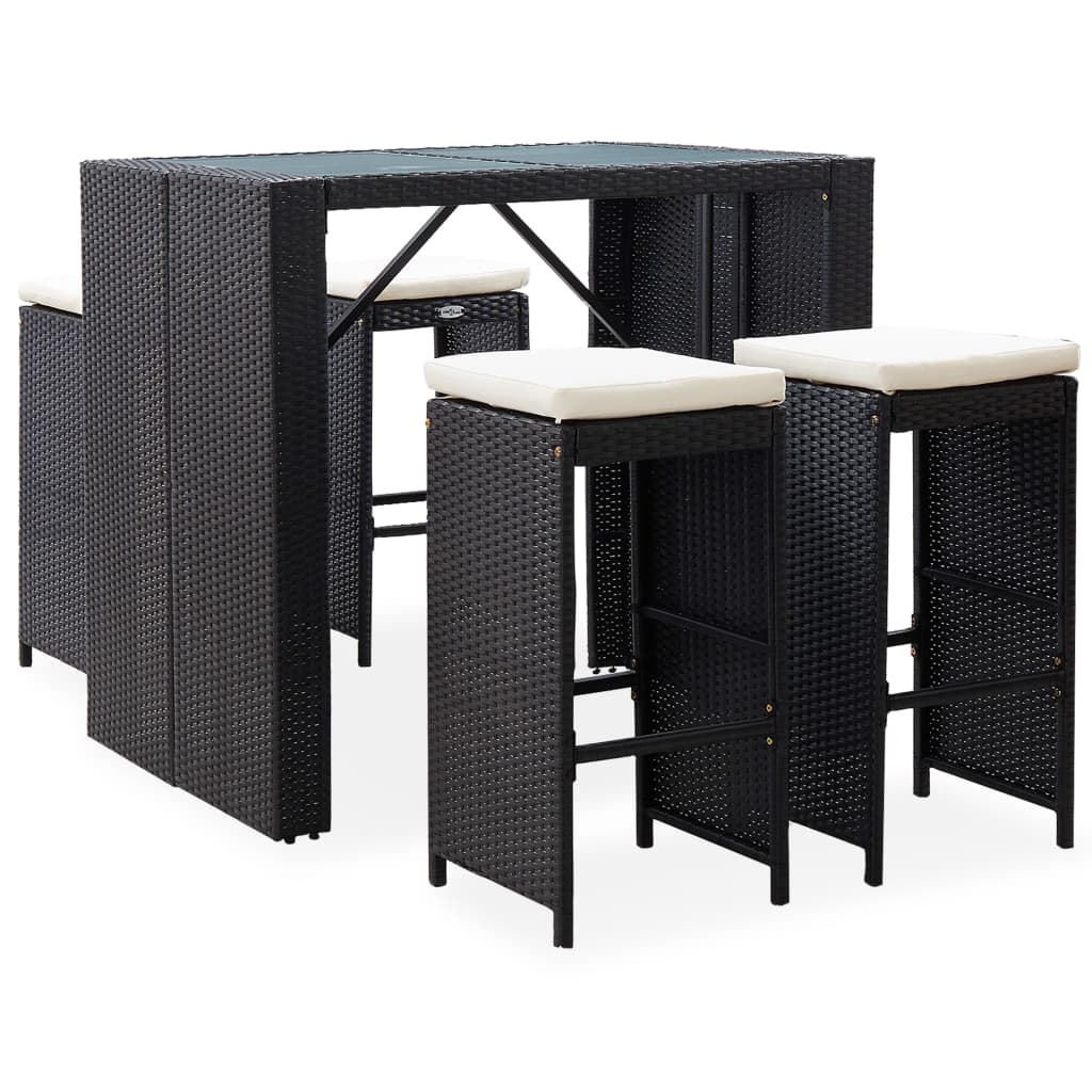 5-Tlg. Garten-Bar-Set Poly Rattan Und Glas Schwarz