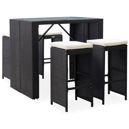 5-Tlg. Garten-Bar-Set Poly Rattan Und Glas Schwarz