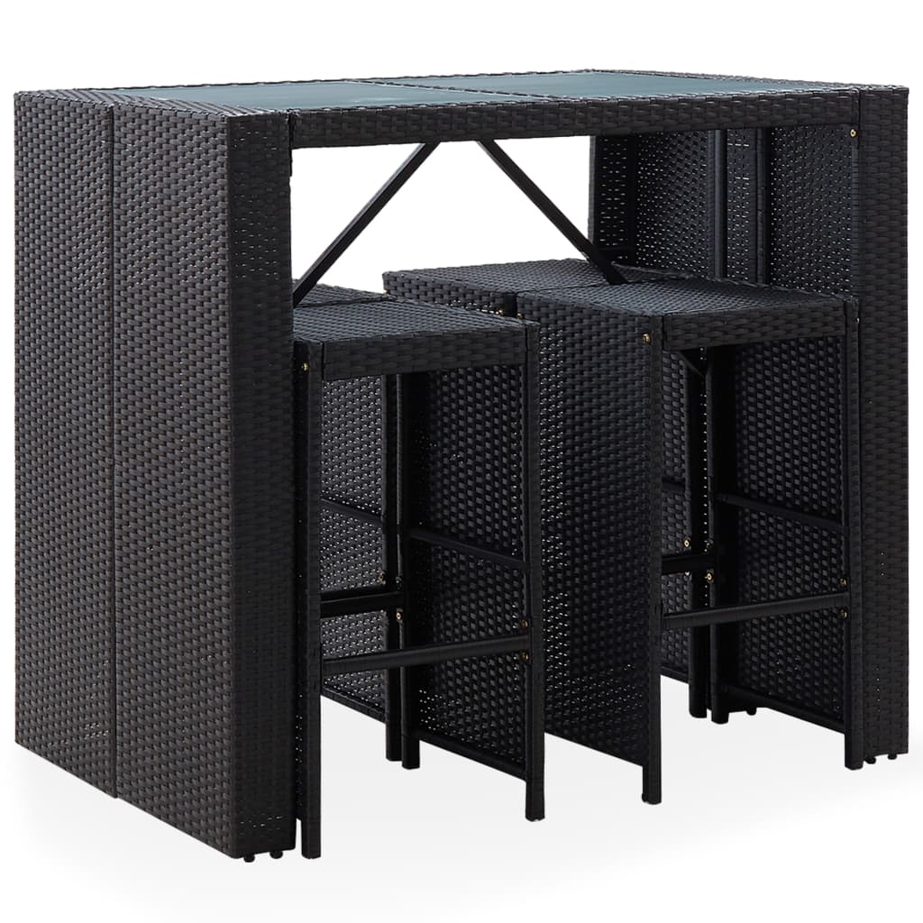5-Tlg. Garten-Bar-Set Poly Rattan Und Glas Schwarz