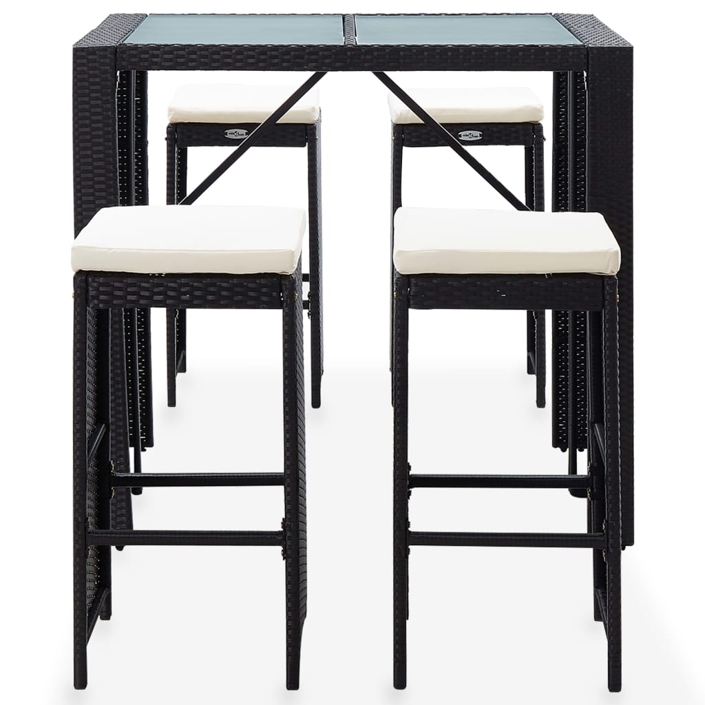 5-Tlg. Garten-Bar-Set Poly Rattan Und Glas Schwarz
