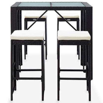 5-Tlg. Garten-Bar-Set Poly Rattan Und Glas Schwarz