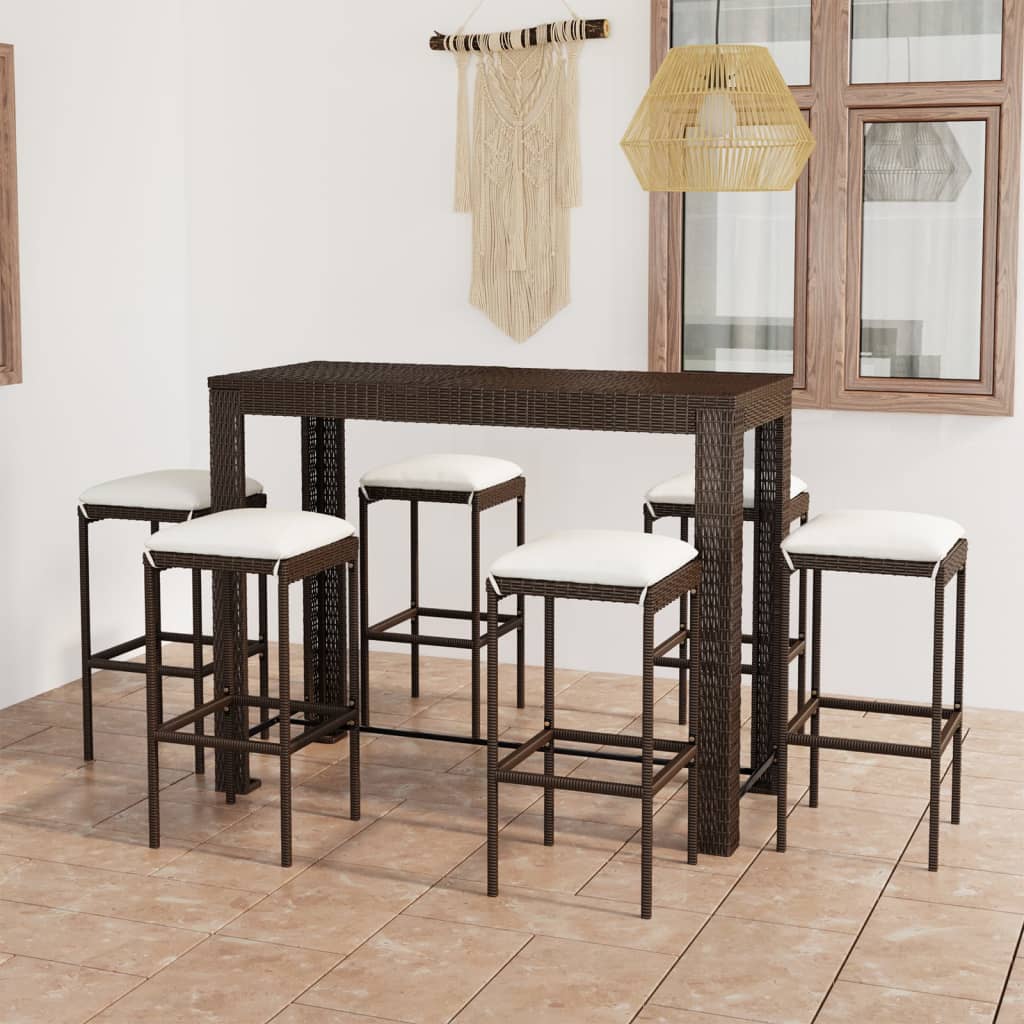 7-Tlg. Gartenbar-Set Mit Kissen Poly Rattan Braun Grau