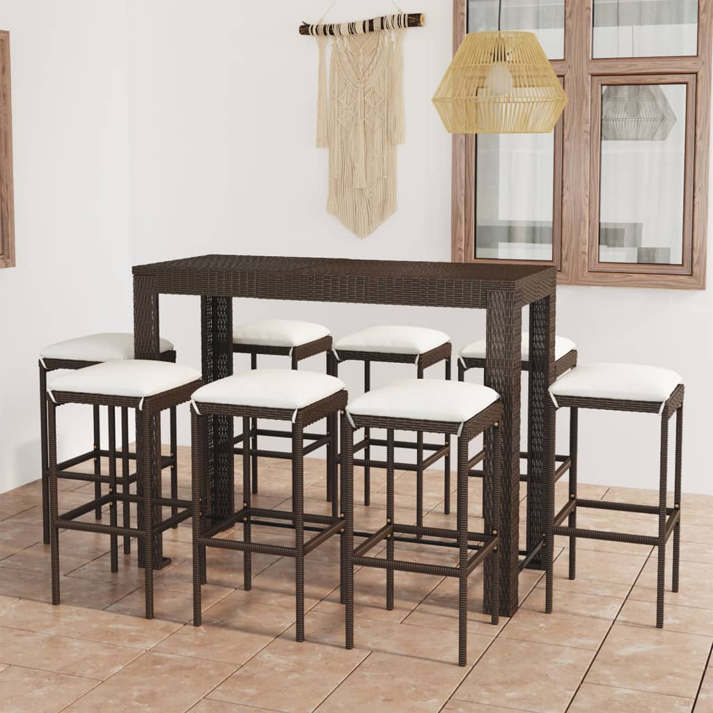 9-Tlg. Gartenbar-Set Mit Kissen Poly Rattan Braun Grau