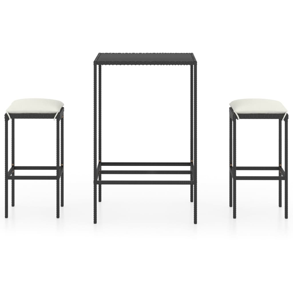 3-Tlg. Gartenbar-Set Mit Kissen Poly Rattan Schwarz