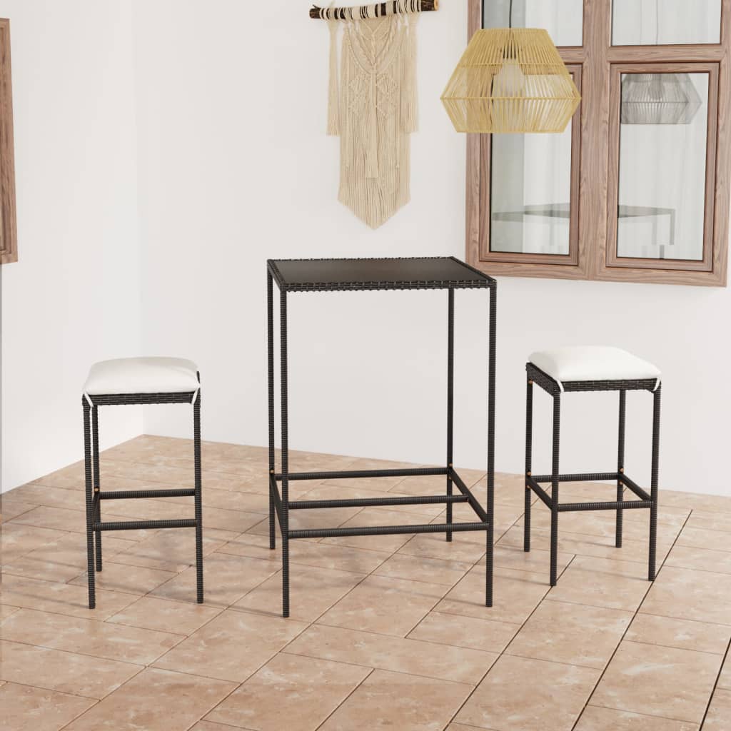 3-Tlg. Gartenbar-Set Mit Kissen Poly Rattan Schwarz