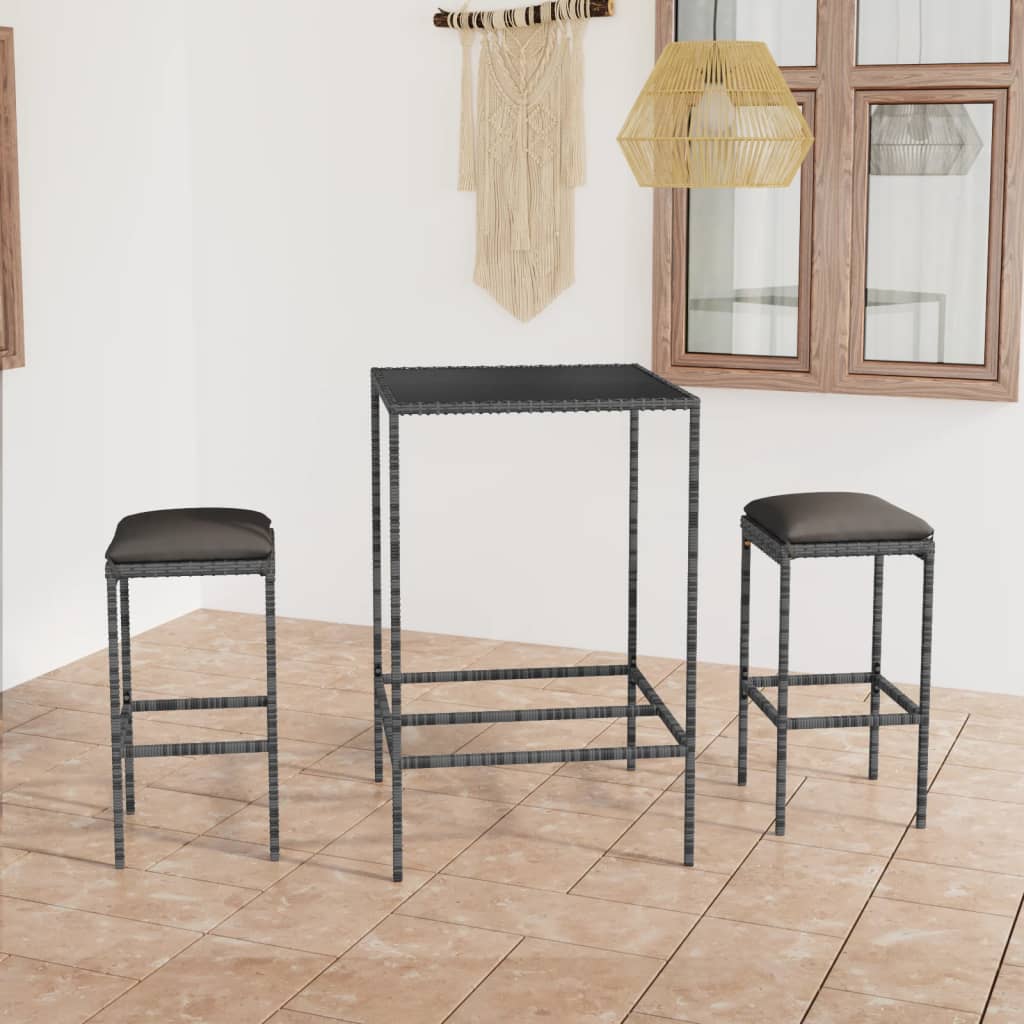 3-Tlg. Gartenbar-Set Mit Kissen Poly Rattan