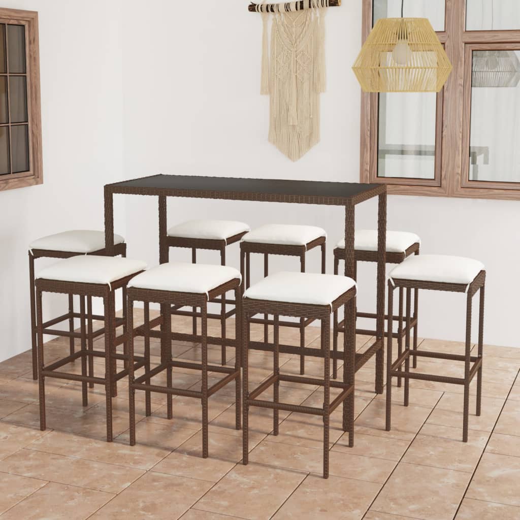 9-Tlg. Gartenbar-Set Mit Kissen Poly Rattan