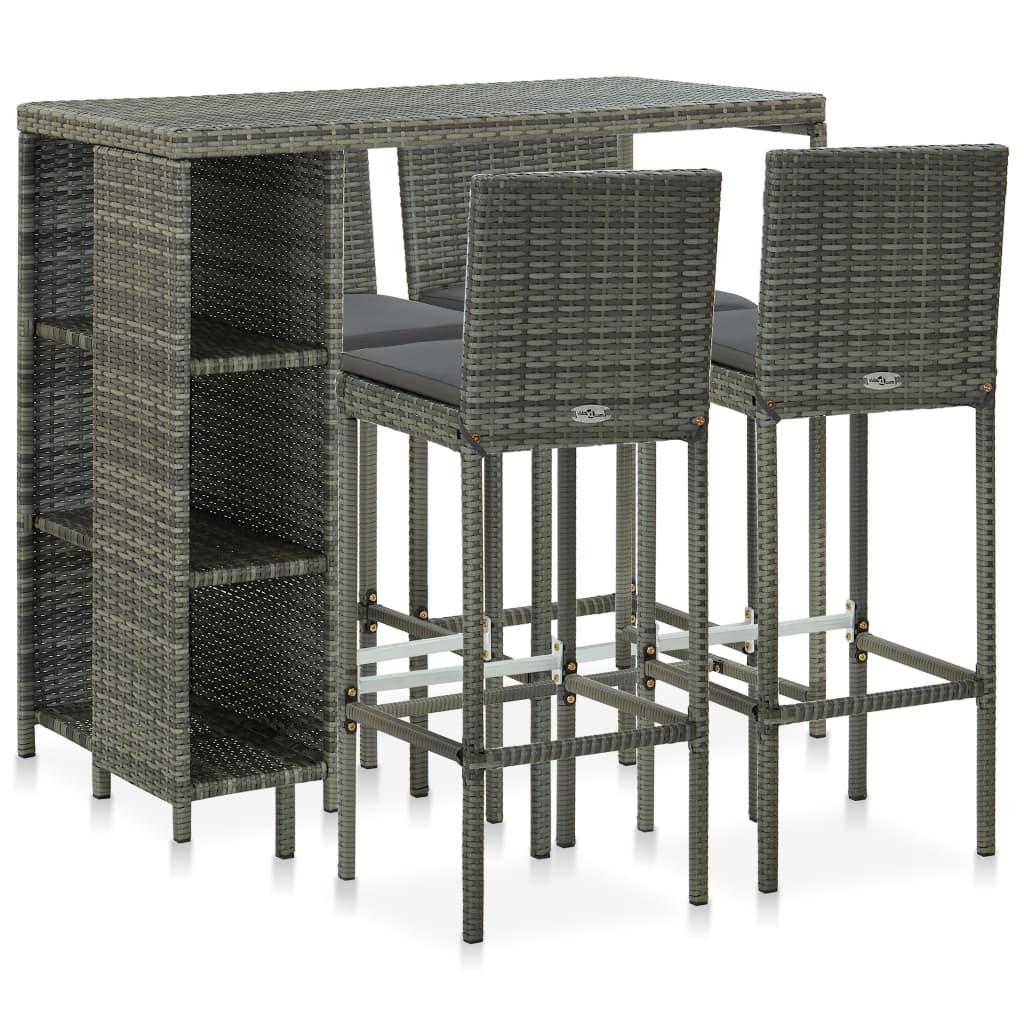 5-Tlg. Gartenbar-Set Mit Kissen Poly Rattan Grau