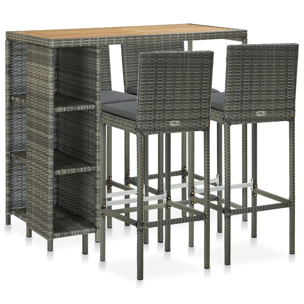 5-Tlg. Gartenbar-Set Mit Kissen Poly Rattan Grau