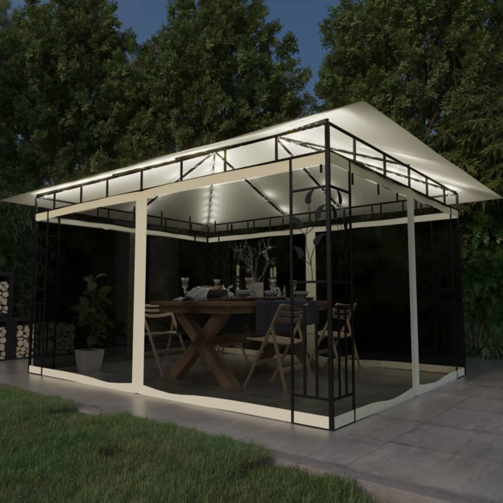 Pavillon Mit Moskitonetz & Led-Lichterkette 4X3X2,73M Weiß