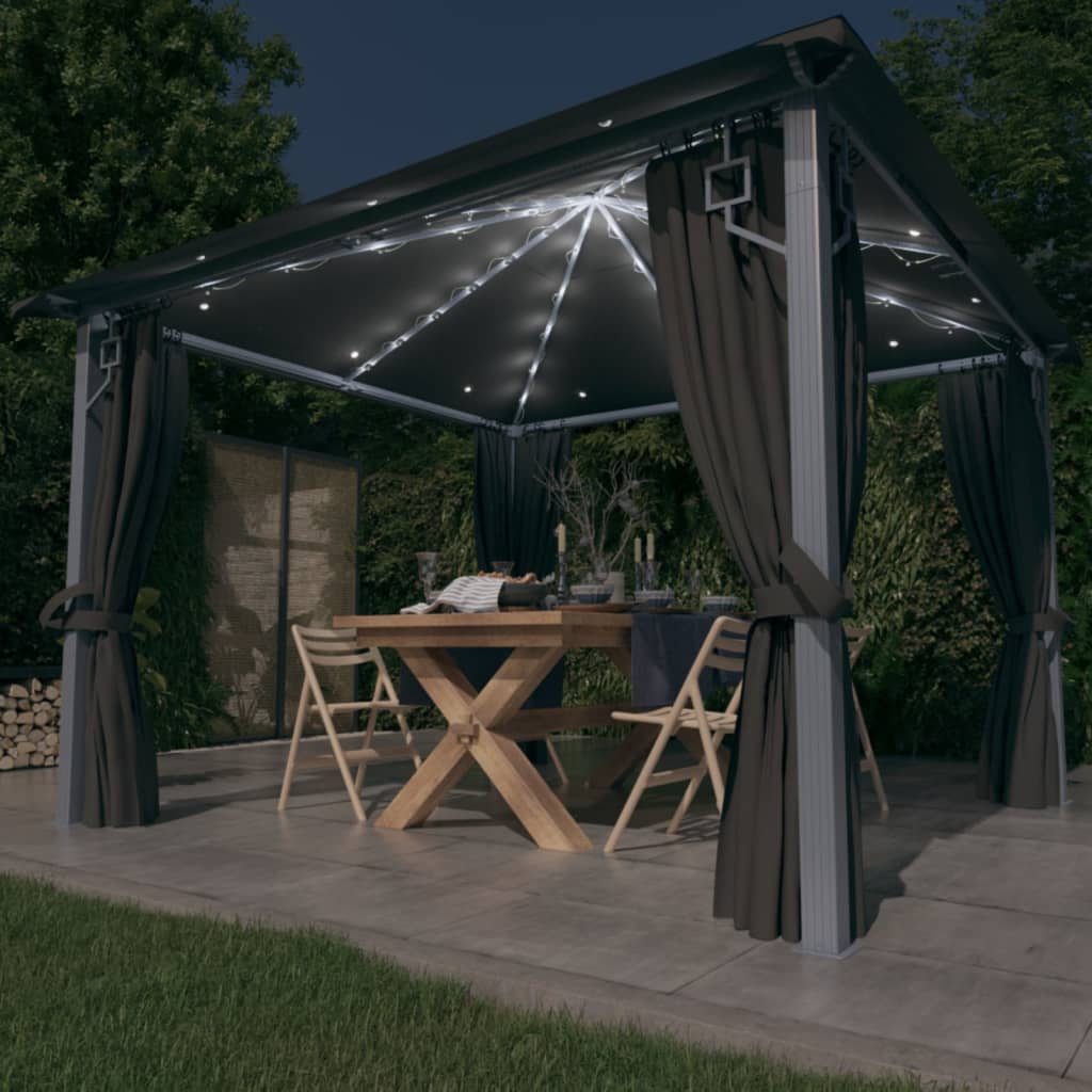 Pavillon Mit Vorhängen & Led-Lichterkette 300X300 Cm Alu