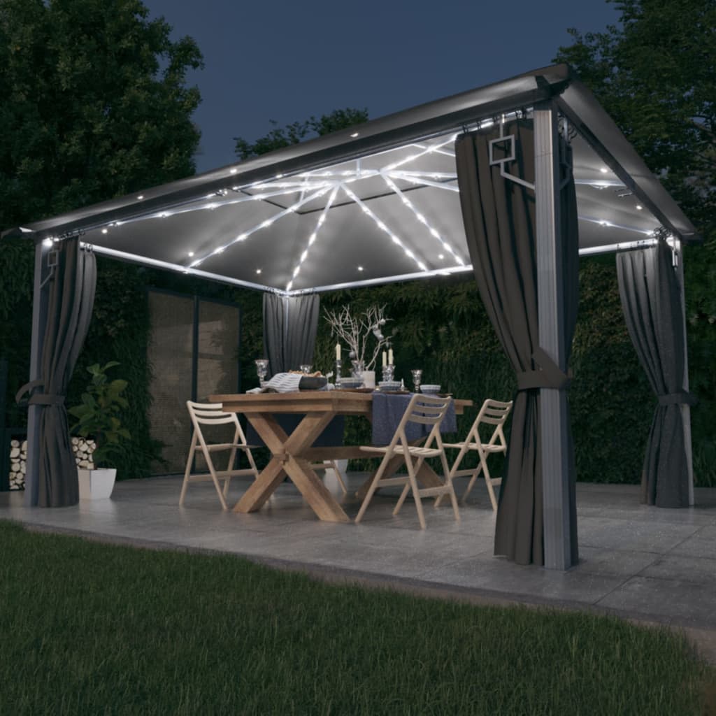 Pavillon Mit Vorhängen & Led-Lichterkette 300X300 Cm Alu