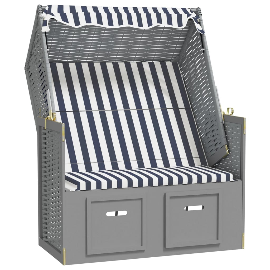 Strandkorb Mit Dach Poly Rattan Und Massivholz Blau & Weiß