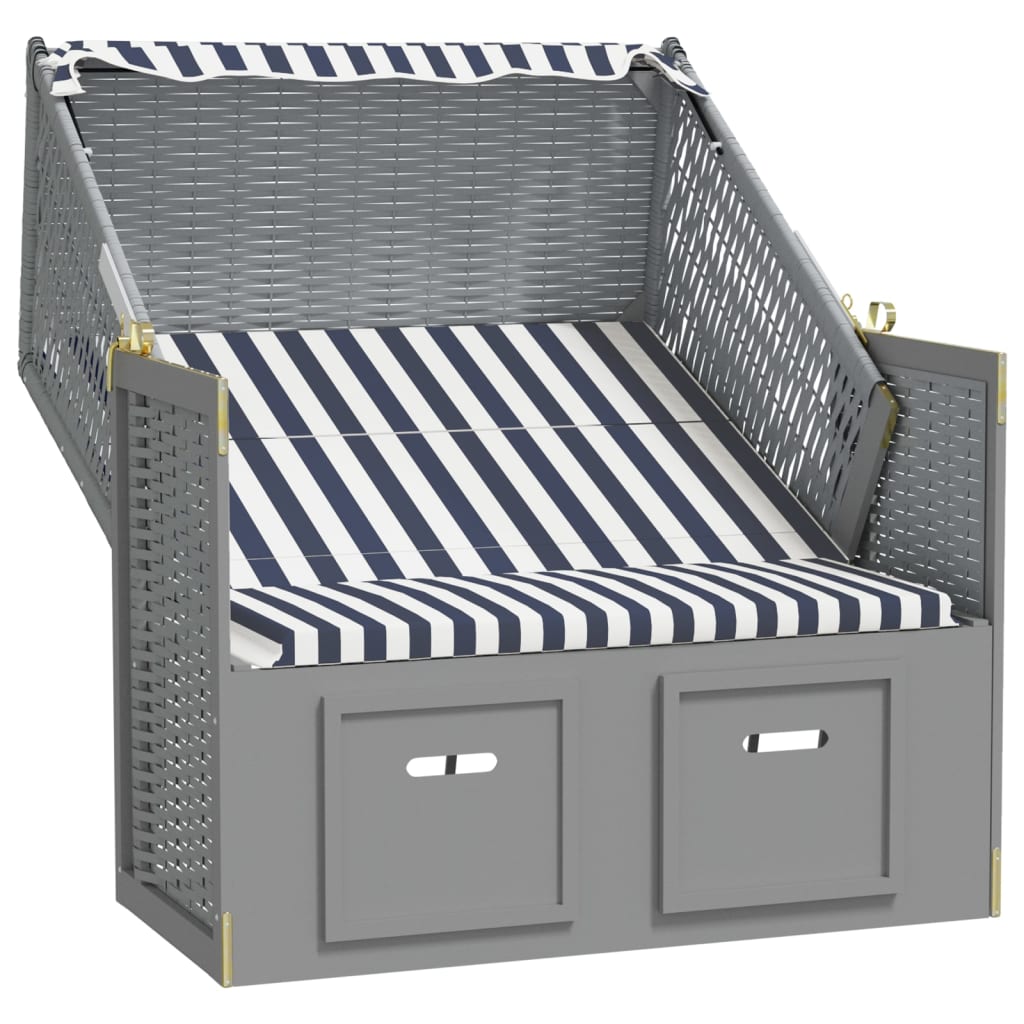 Strandkorb Mit Dach Poly Rattan Und Massivholz Blau & Weiß