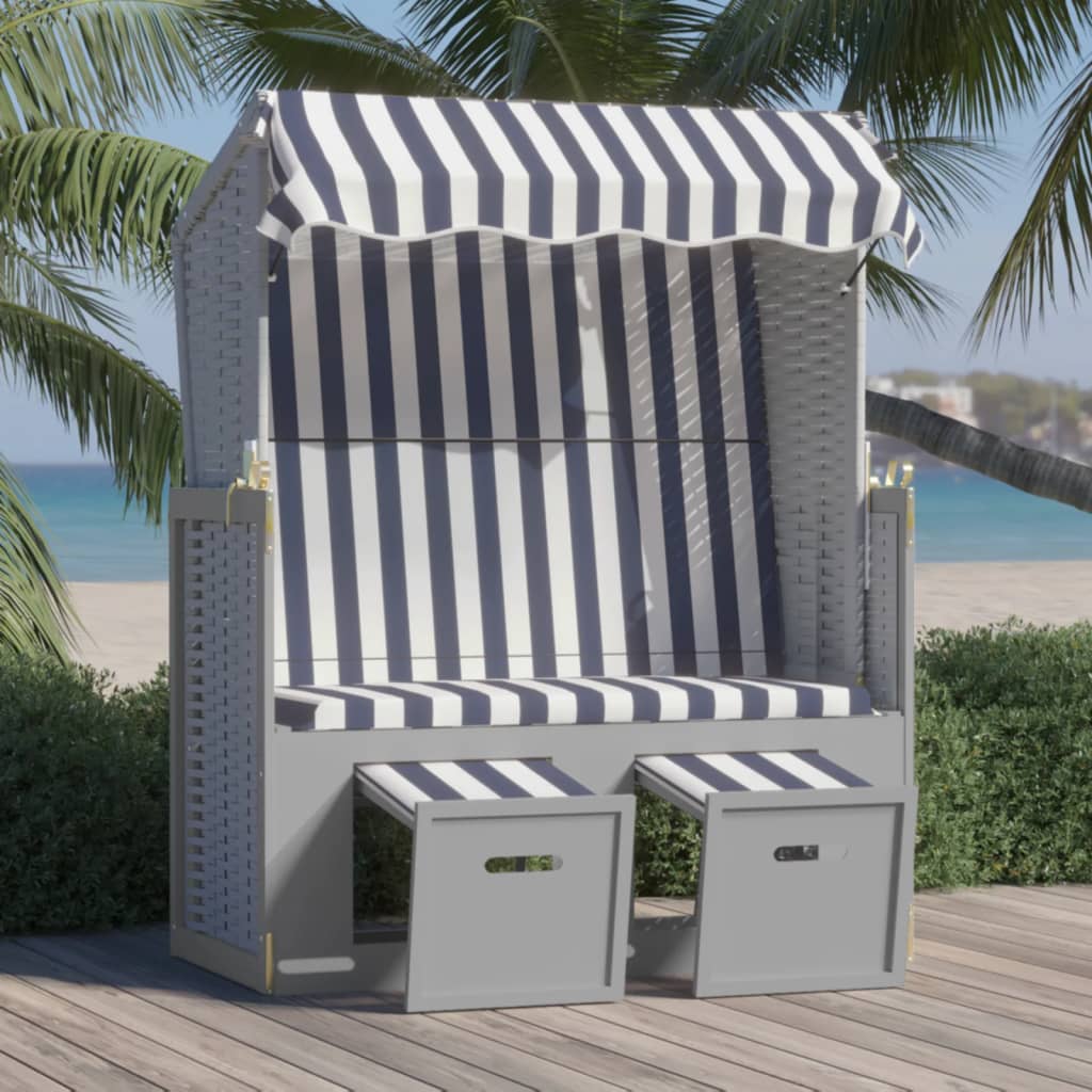 Strandkorb Mit Dach Poly Rattan Und Massivholz Blau & Weiß