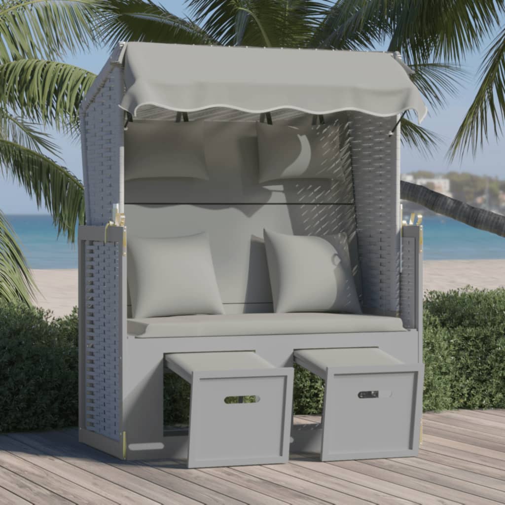 Strandkorb Mit Kissen Poly Rattan Und Massivholz Grau & Weiß