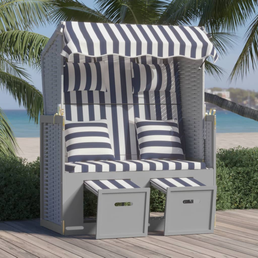 Strandkorb Mit Kissen Poly Rattan Und Massivholz Grau & Weiß