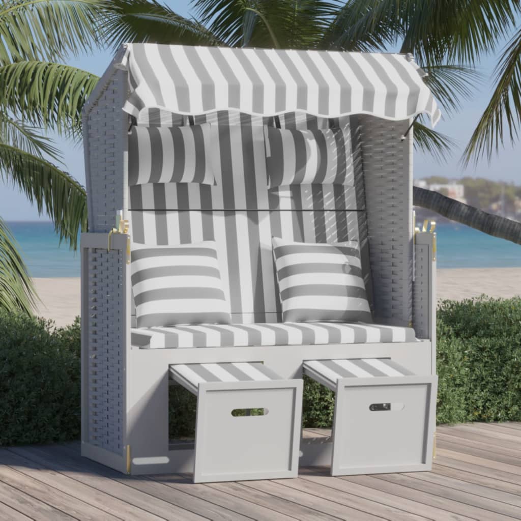 Strandkorb Mit Kissen Poly Rattan Und Massivholz Grau & Weiß