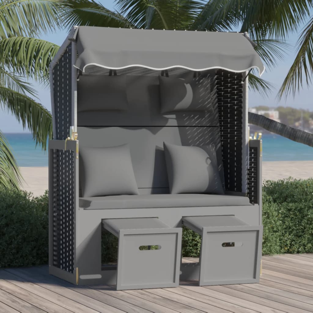 Strandkorb Mit Kissen Poly Rattan Und Massivholz Grau & Weiß