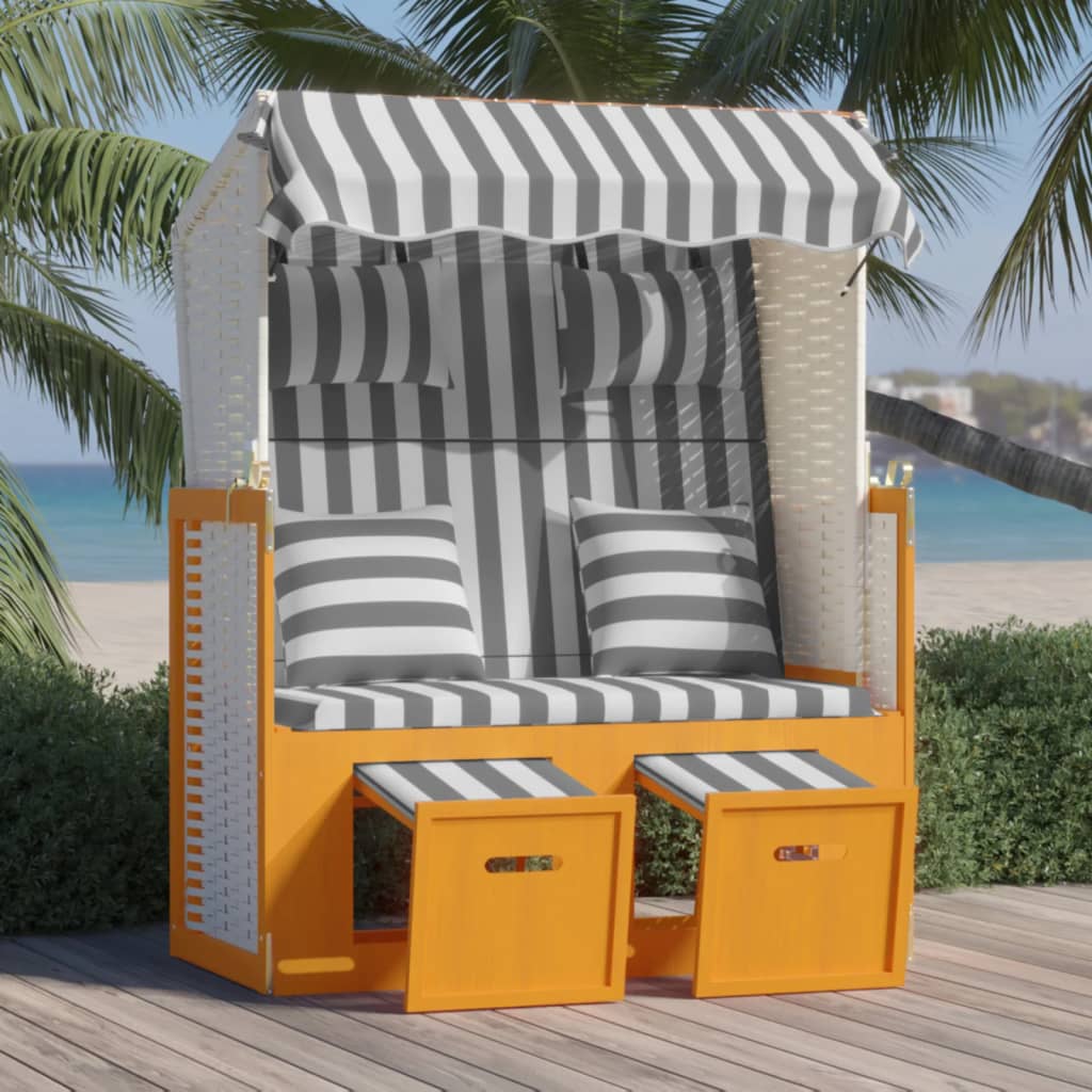 Strandkorb Mit Kissen Poly Rattan Und Massivholz Grau & Weiß