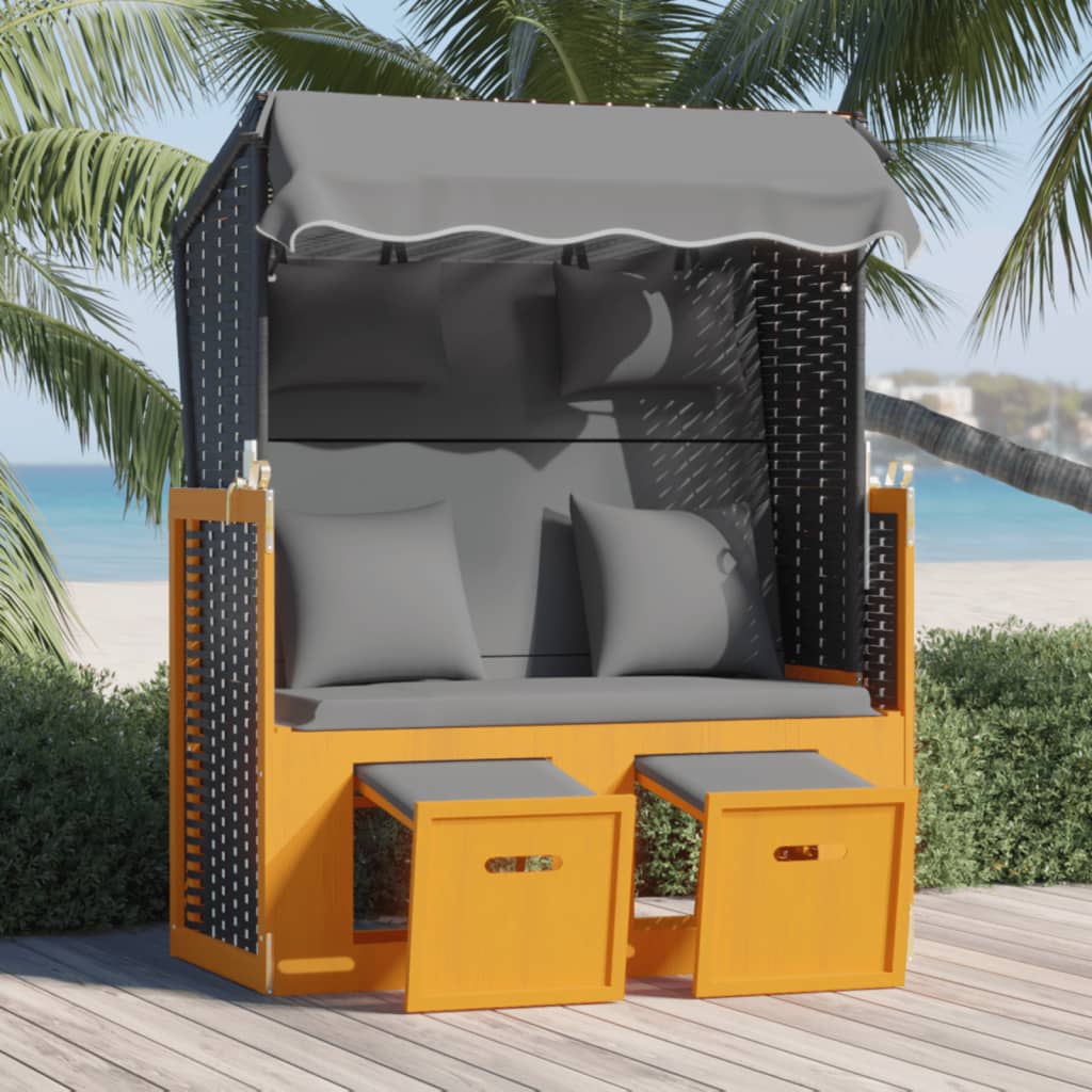 Strandkorb Mit Kissen Poly Rattan Und Massivholz Grau & Weiß