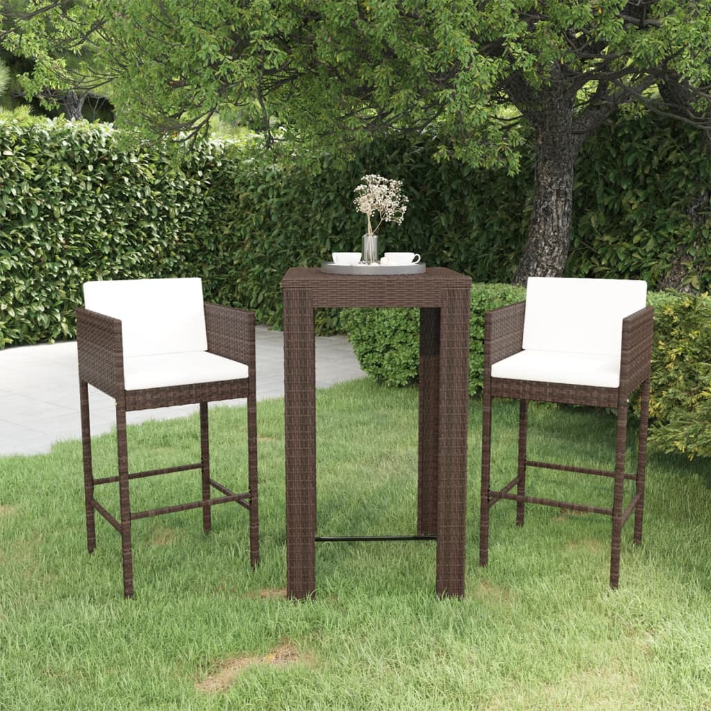 3-Tlg. Gartenbar-Set Mit Kissen Poly Rattan