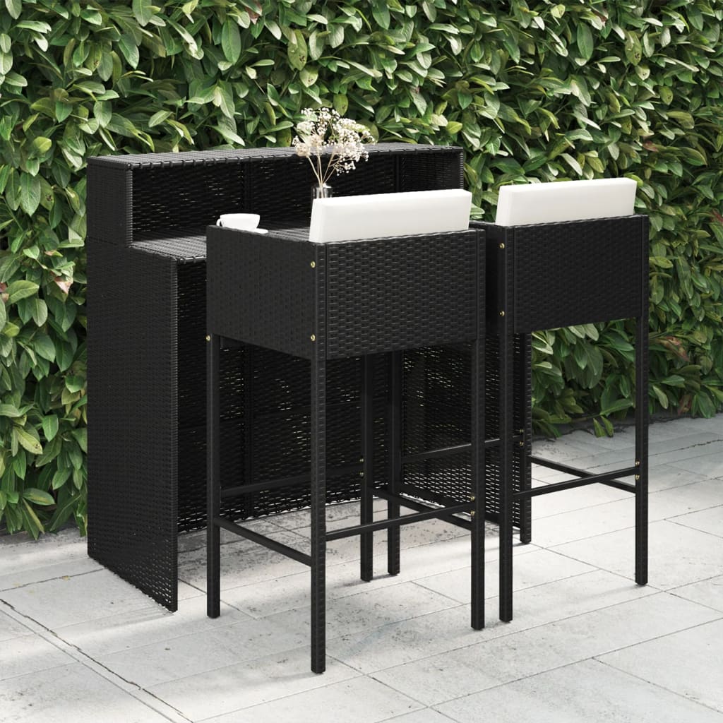 3-Tlg. Gartenbar-Set Mit Kissen Poly Rattan