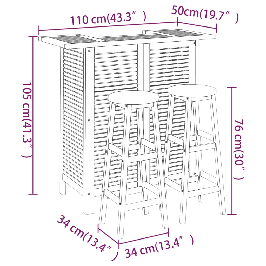 3-Tlg. Gartenbar-Set Massivholz Akazie