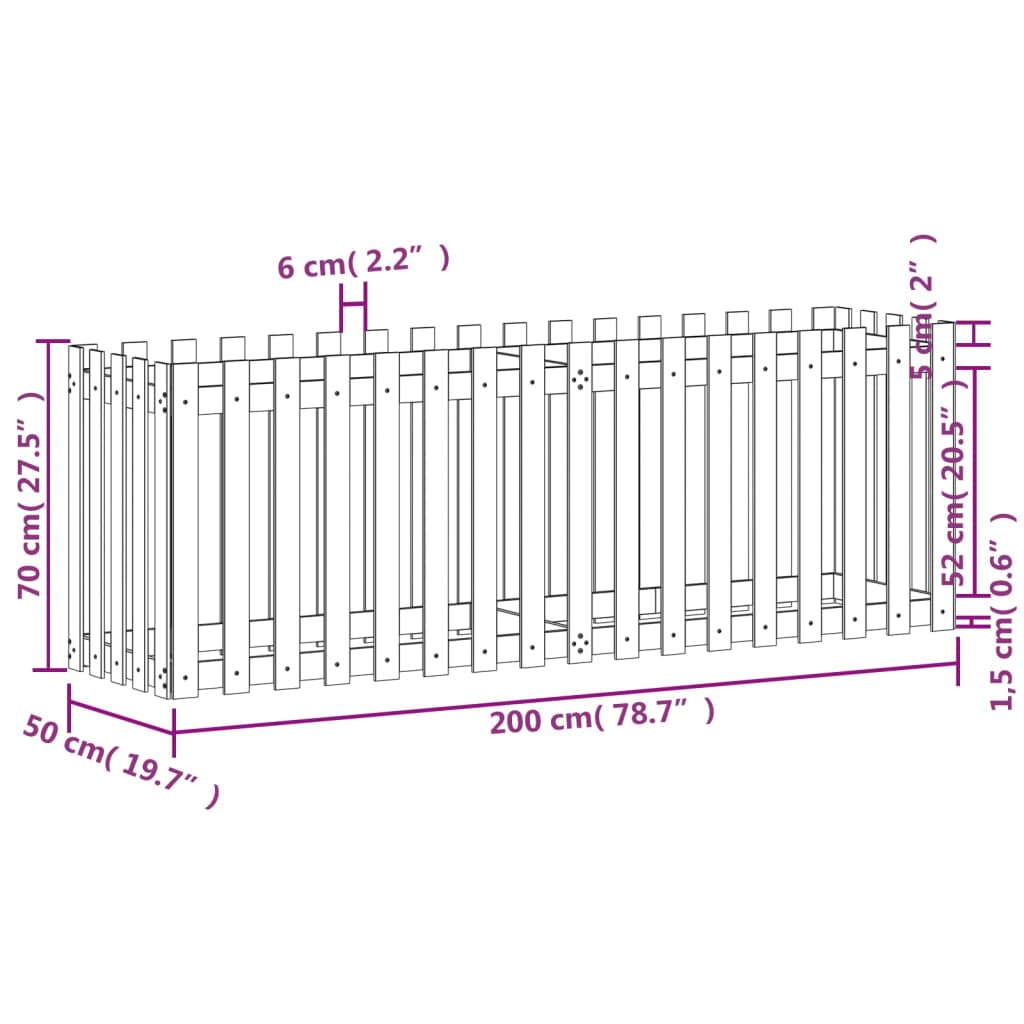 Hochbeet Lattenzaun-Design 200X50X70 Cm Massivholz Kiefer