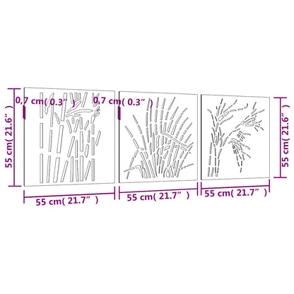 3-Tlg. Garten-Wanddeko 55X55 Cm Cortenstahl Gras-Design