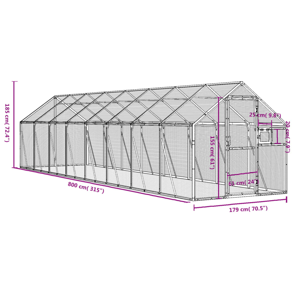 Voliere 1,79X8X1,85 M Aluminium