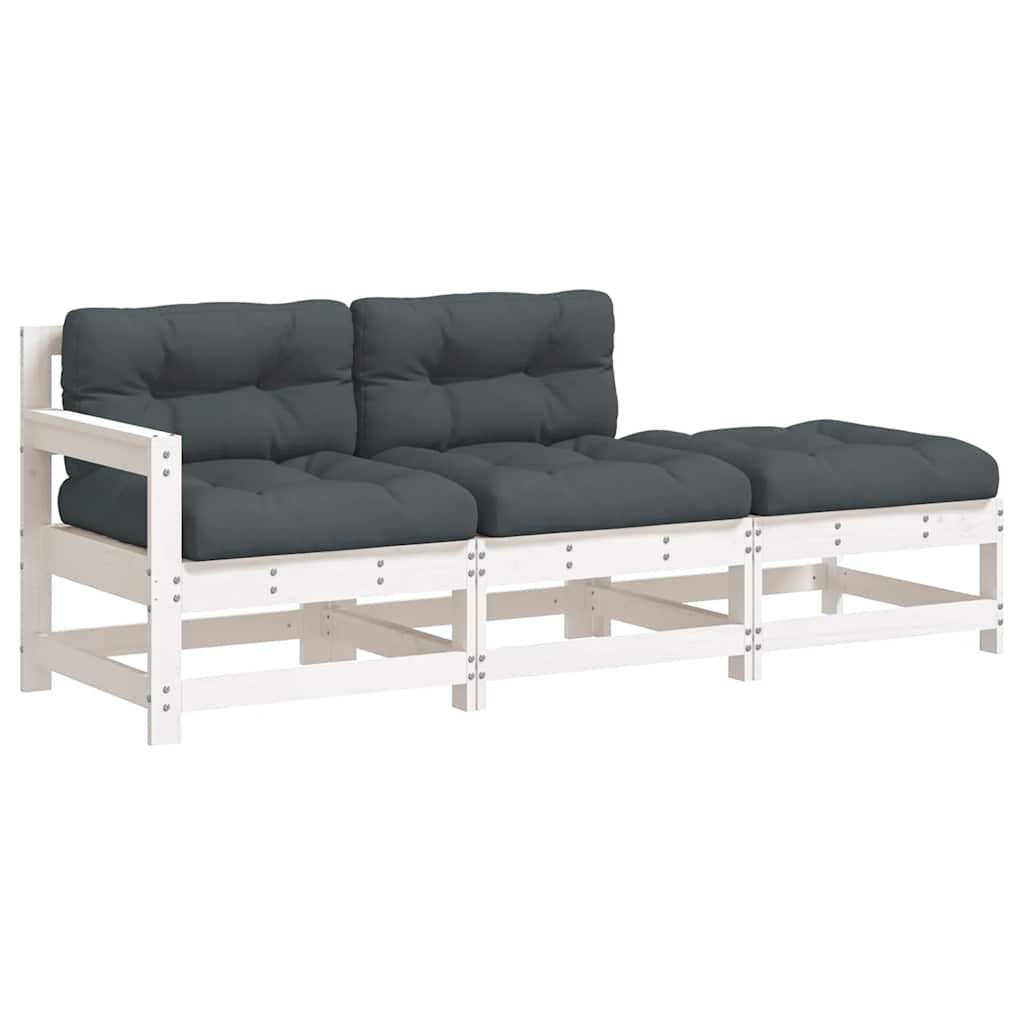 3-Tlg. Garten-Lounge-Set Mit Kissen Weiß Massivholz